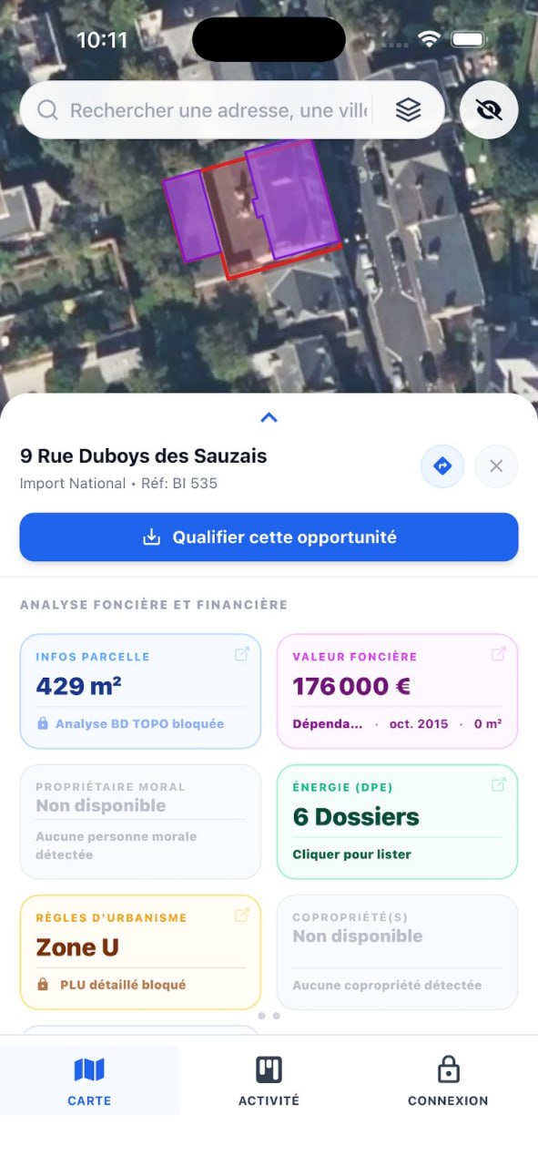 Application mobile DexImmo — fiche parcelle et DVF